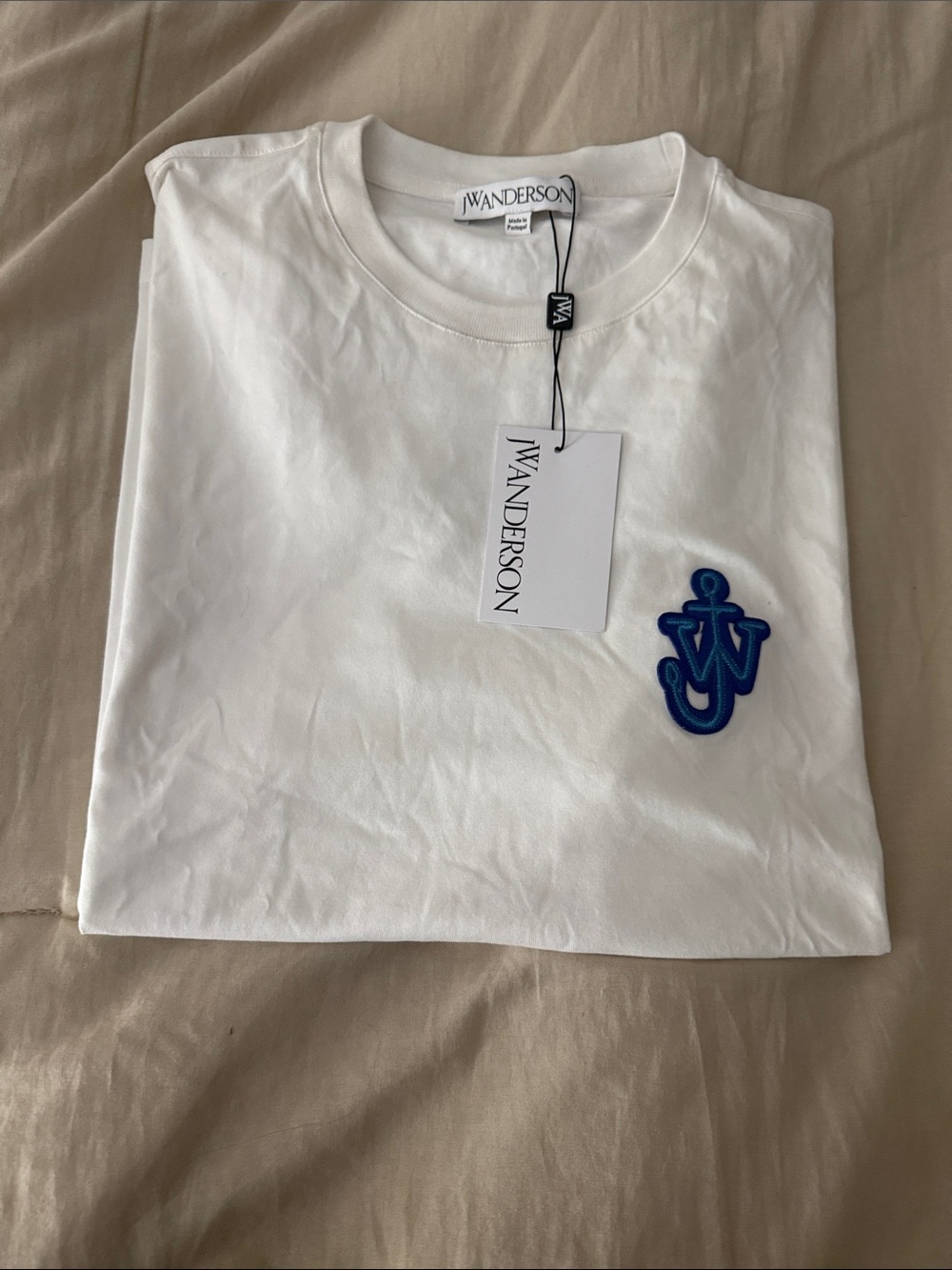 JW ANDERSON White T-Shirt with Blue Anchor Logo Patch
